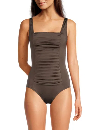 Calvin Klein Women's Shimmer Pleated One Piece Swimsuit In Bronze