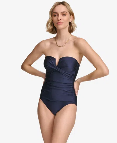 Calvin Klein Women's Shirred Tummy-control Split-cup Bandeau One-piece Swimsuit In Navy Shimmer