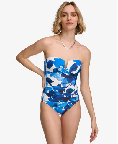 Calvin Klein Women's Shirred Tummy-control Split-cup Bandeau One-piece Swimsuit In Blue