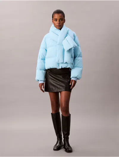 Calvin Klein Women's Short Puffer Jacket With Scarf In Blue