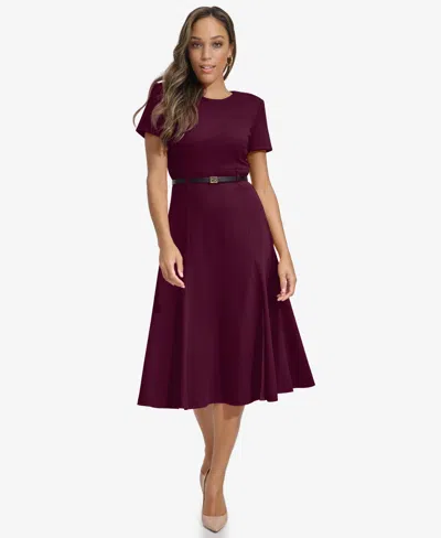 Calvin Klein Women's Short-sleeve Belted Fit & Flare Dress In Orange