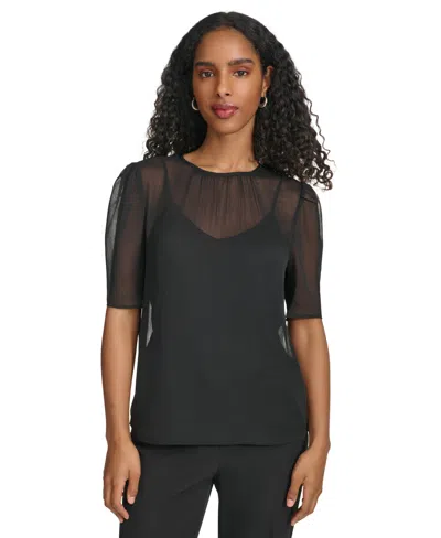 Calvin Klein Women's Short Sleeve Chiffon Blouse In Black