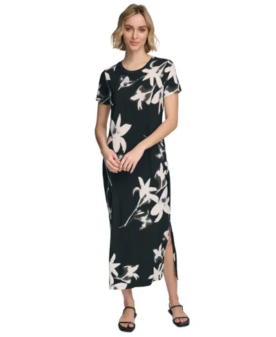 Calvin Klein Women's Short Sleeve Floral Maxi Dress In Black Multi