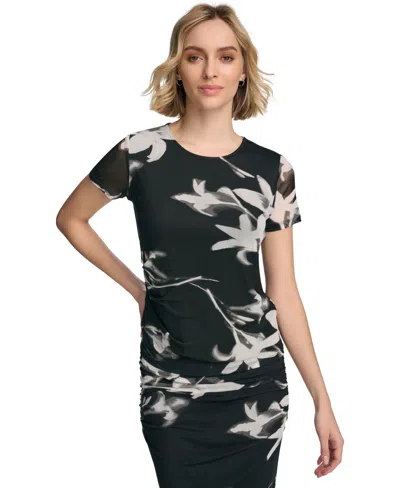 Calvin Klein Women's Short Sleeve Floral-print Top In Blk Multi