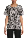 Calvin Klein Women's Short Sleeve Keyhole Pleated Top In Black Multi