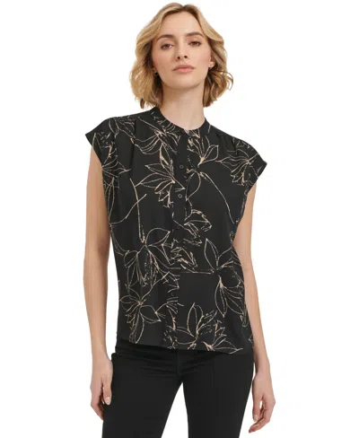 Calvin Klein Women's Short-sleeve Printed Button Front Shirt In Bk Latte M