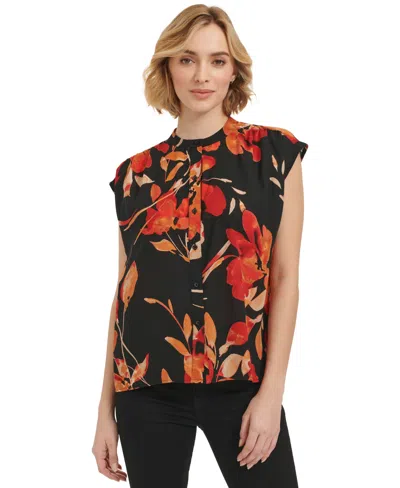 Calvin Klein Women's Short-sleeve Printed Button Front Shirt In Blck Multi