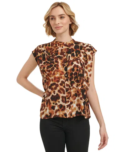 Calvin Klein Women's Short-sleeve Printed Button Front Shirt In Terra Mult