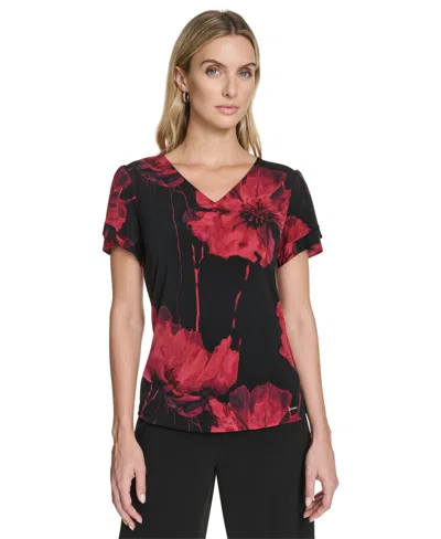 Calvin Klein Women's Short Sleeve V-neck Printed Top In Multi