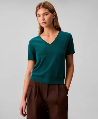 Calvin Klein Women's Short Sleeve V-neck Sweater In Blue