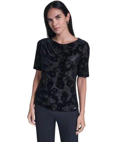 Calvin Klein Women's Short-sleeve Pleated Floral Blouse In Black