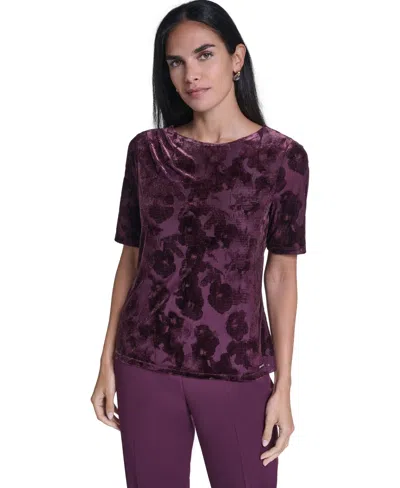 Calvin Klein Women's Short-sleeve Pleated Floral Blouse In Purple