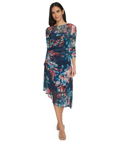 Calvin Klein Women's Side Ruched Mesh Midi Dress In Multi