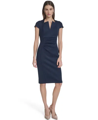 Calvin Klein Women's Side Ruched V-neck Midi Dress In Blue