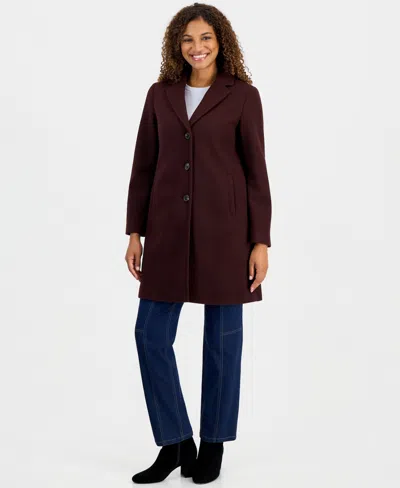 Calvin Klein Women's Single-breasted Herringbone Walker Coat, Created For Macy's In Burgundy