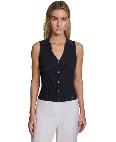Calvin Klein Women's Sleeveless Button-front Collared Sweater In Black