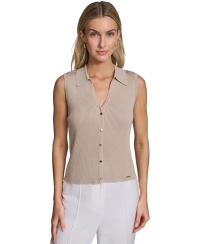 Calvin Klein Women's Sleeveless Button-front Collared Sweater In Neutral