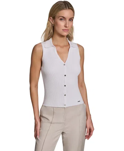 Calvin Klein Women's Sleeveless Button-front Collared Sweater In White