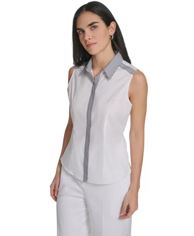 Calvin Klein Women's Sleeveless Collared Button-down Top In White