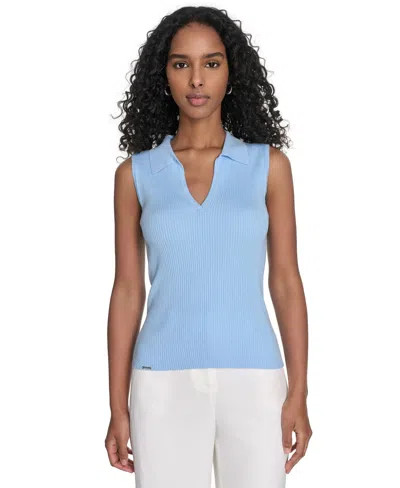 Calvin Klein Women's Sleeveless Collared V-neck Top In Blue