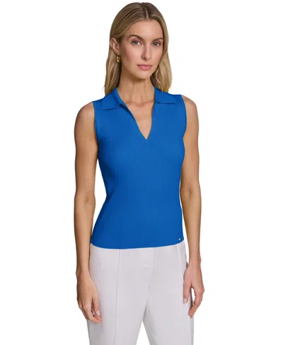 Calvin Klein Women's Sleeveless Collared V-neck Sweater In Blue