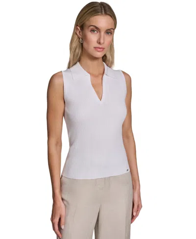 Calvin Klein Women's Sleeveless Collared V-neck Sweater In White