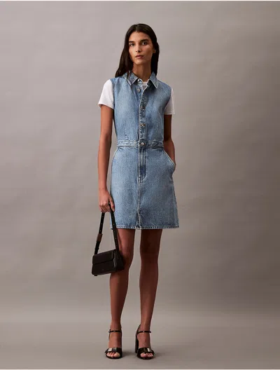 Calvin Klein Women's Sleeveless Denim Button-down Dress In Sage Stone