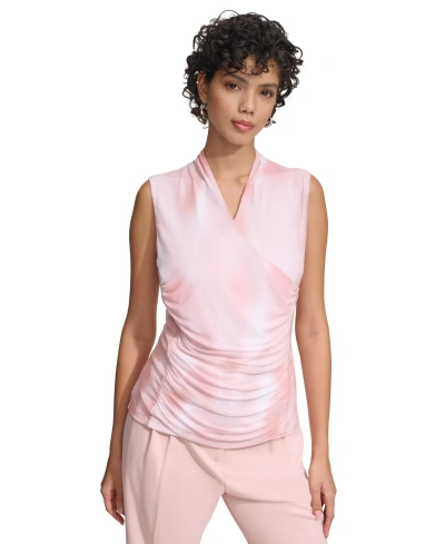 Calvin Klein Women's Sleeveless Faux Wrap Top In Silver Pink Multi