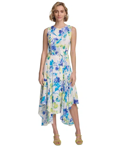 Calvin Klein Women's Sleeveless Floral Handkerchief Hem Dress In Pear Multi