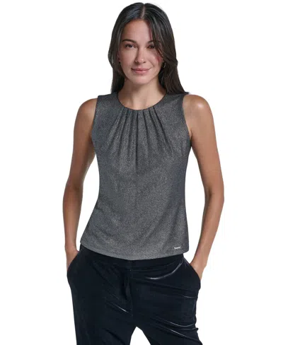 Calvin Klein Women's Sleeveless Pleated Crewneck Blouse In Gray