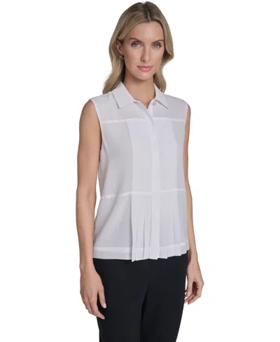 Calvin Klein Women's Sleeveless Pleated Front Blouse In White