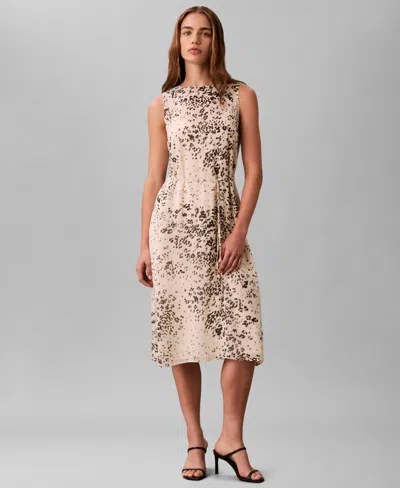 Calvin Klein Women's Sleeveless Printed Chiffon Midi Dress In Brown