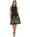 Calvin Klein Petites Womens Embroidered Mini Fit & Flare Dress In Black Gold