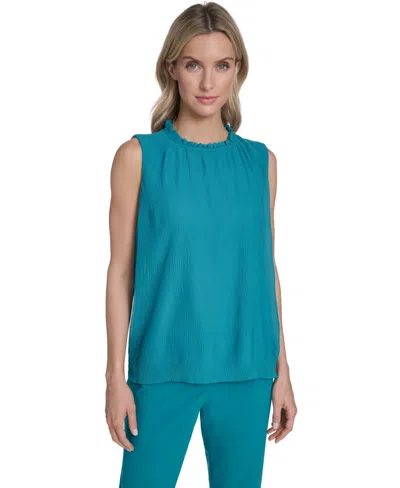 Calvin Klein Women's Sleeveless Ruffle Neckline Top In Blue
