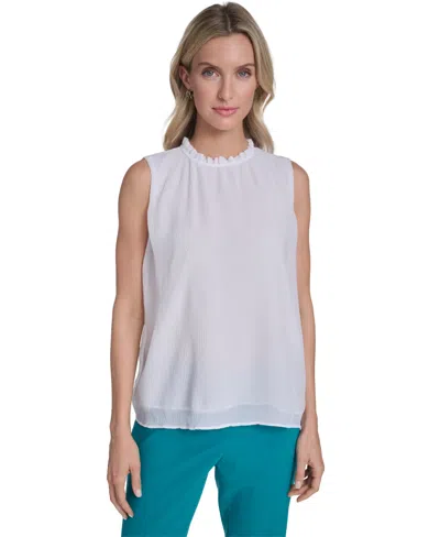 Calvin Klein Women's Sleeveless Ruffle Neckline Top In White