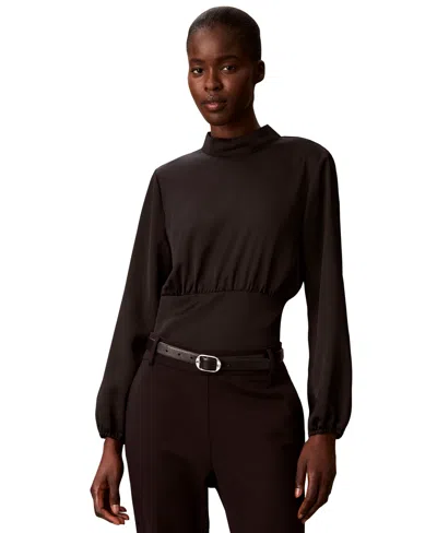 Calvin Klein Women's Smocked Waist Satin Mock Neck Long-sleeve Blouse In Brown