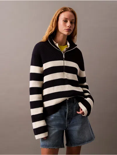 Calvin Klein Women's Smooth Cotton Chunky Quarter-zip Sweater In Blue / White Stripe