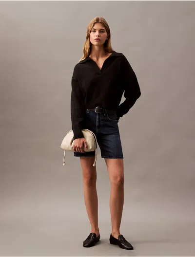 Calvin Klein Women's Smooth Cotton Polo Sweater In Black