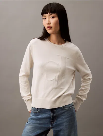 Calvin Klein Women's Smooth Cotton Relaxed Monogram Logo Sweater In Chalk Heather