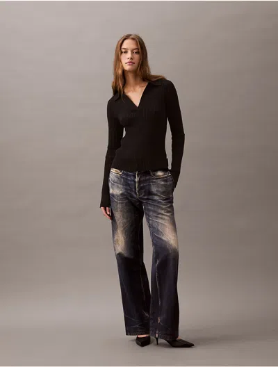 Calvin Klein Women's Smooth Cotton Rib Long Sleeve Polo Sweater In Black