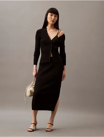 Calvin Klein Women's Smooth Cotton Rib Midi Sweater Skirt In Black