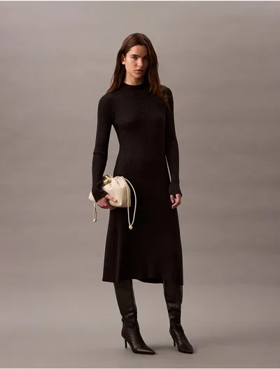Calvin Klein Women's Smooth Cotton Rib Mock Neck Sweater Dress In Black Beauty