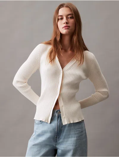 Calvin Klein Women's Smooth Cotton Rib Sweater Cardigan In Antique White
