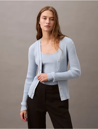 Calvin Klein Women's Smooth Cotton Rib Sweater Cardigan In Blue Fog