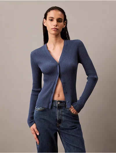Calvin Klein Women's Smooth Cotton Rib Sweater Cardigan In Dark Blue
