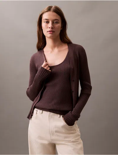 Calvin Klein Women's Smooth Cotton Rib Sweater Cardigan In Raisin