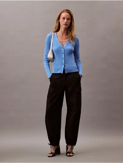 Calvin Klein Women's Smooth Cotton Rib Sweater Cardigan In Silver Lake Blue