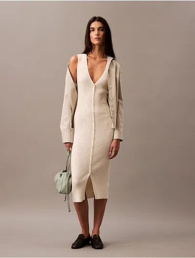 Calvin Klein Women's Smooth Cotton Rib Sweater Midi V-neck Dress