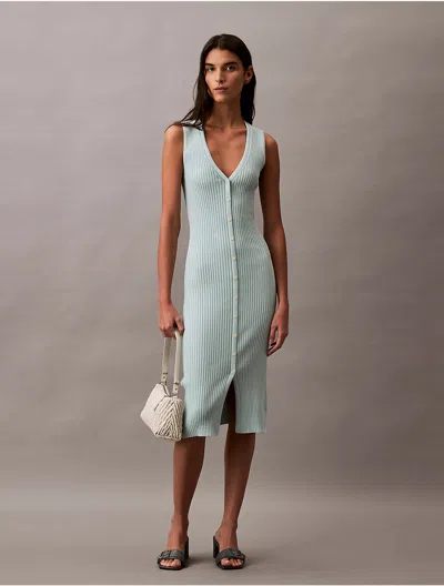 Calvin Klein Women's Smooth Cotton Rib Sweater Midi V-neck Dress In Blue Haze