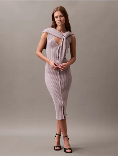 Calvin Klein Women's Smooth Cotton Rib Sweater Midi V-neck Dress In Gull Grey